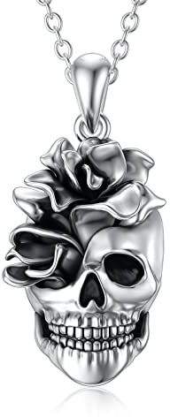 Shusukue Totenkopf Kette 925er Sterling Silber, Halloween Schädel Halskette Rose Totenkopf Geschenke Damen, Gothic Geschenk für Goth-Liebhaber Frau