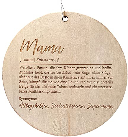 Papierdrachen Rundes Holzhängeschild mit Gravur Mama und der Definition und Synonymen - in Grösse 22x22x0.8cm - originelles Muttertagsgeschenk