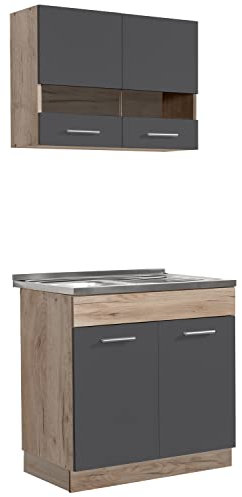 Homestyle4u 2324, Küche Küchenzeile Küchenblock Eiche Holz Grau Einbauküche Single Küchen Schränke 80 cm
