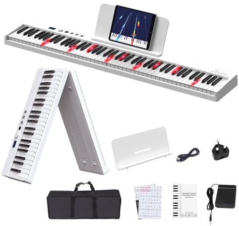 OYAYO Teclado de piano plegable de 88 teclas, teclas semipesadas de tamaño completo, Bluetooth MIDI, pedal de sostenimiento, bolsa de transporte y calcomanías de llaves para principiantes, niños y