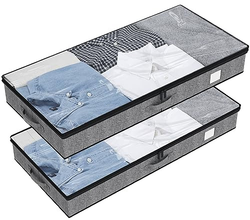 Fixwal Undersängsförvaringsbehållare 2-pack med lågprofilorganisatörer med robusta sidoväggar/botten dammsäkra påsar och transparent toppskydd för att maximera ditt utrymme under sängens