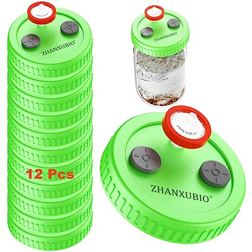 Coperchio per la coltivazione di funghi ZHANXUBIO, a bocca larga, con filtro a membrana in PTFE e punti di iniezione autorigeneranti (12 pezzi, verde, senza bottiglia)
