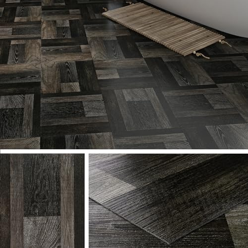Livelynine PVC Bodenbelag Selbstklebend Holzoptik Schwarz 30x30CM 32-Fliesen Abwaschbar Vinylboden Selbstklebend Fliesenoptik Retro Schwarz Badezimmer Selbstklebende Fliesen Boden Bad Küche Wohnzimmer