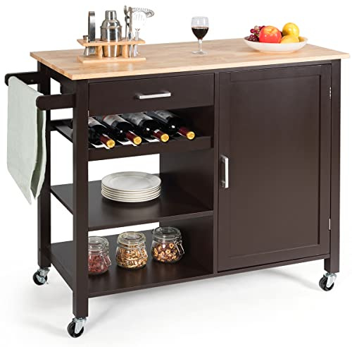 COSTWAY Rolling Kitchen Island, Kitchen Storage Trolley with Wine Rack, Adjustable Shelf, Tower Rack, Oak Wood Tabletop & Pine Wood Leg, Utility Serving Cart for Dining Room Restaurant (Espresso)