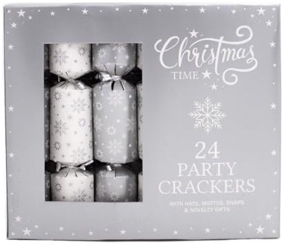 Christmas Time - 24 Party Crackers - Silver & White - Snowflakes
