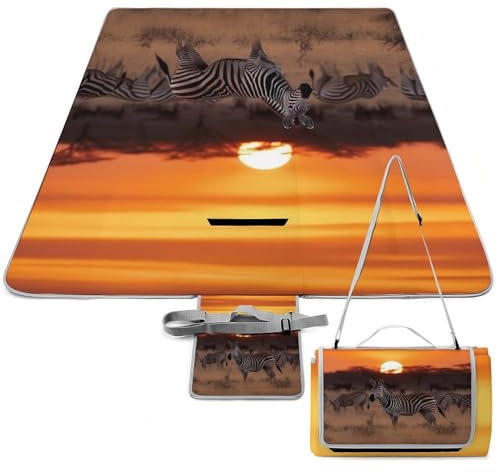 Picknickdecke, Motiv: Afrika, Sonnenuntergang, Zebra, 147 x 147 cm, groß, faltbar, Strandmatte, tragbar, mit Tragegurt, Picknickmatte, Outdoor-Decken für Strand, Camping, Graspark