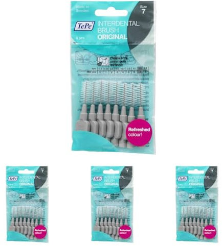 TePe Interdental Brush, Original, Grey, 1.3 mm/ISO 7, 8pcs, plaque removal, efficient clean between the teeth, tooth floss, for narrow gaps (Packung mit 4)
