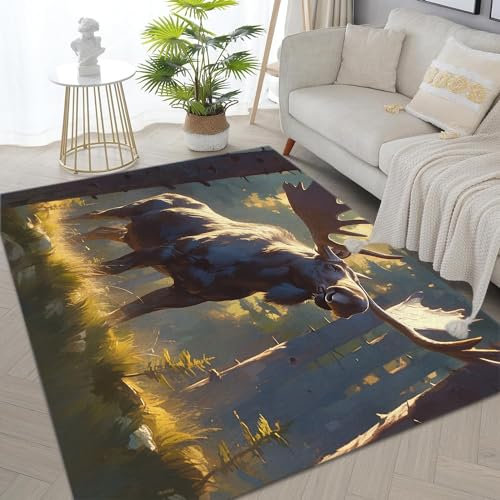Teppich Wohnzimmer Tier Elch 160x230cm Schlafzimmer Bettvorleger, Moderner Flauschig Weich Teppiche für Kinderzimmer Anti-Rutsch Unterseite waschbarer Teppich