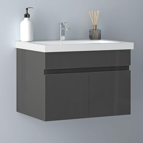 Biubiubath Badezimmer Badmöbel 60cm Mineralguss Waschtisch mit Unterschrank Hängeschrank Hochglanz Dunkelgrau Badezimmerschränke Badschrank mit 2 Soft-Close Türen