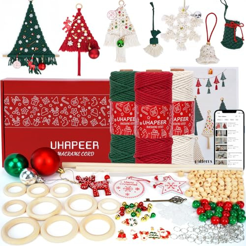 UHAPEER Macrame Kit for Christmas, 492ft Macrame Cord Kit for Beginners Adults with Instructions/Videos, Natural Cotton, Wood Ring/Stick, Christmas Tree Macrame Kit, Christmas Wall Tree Decoration