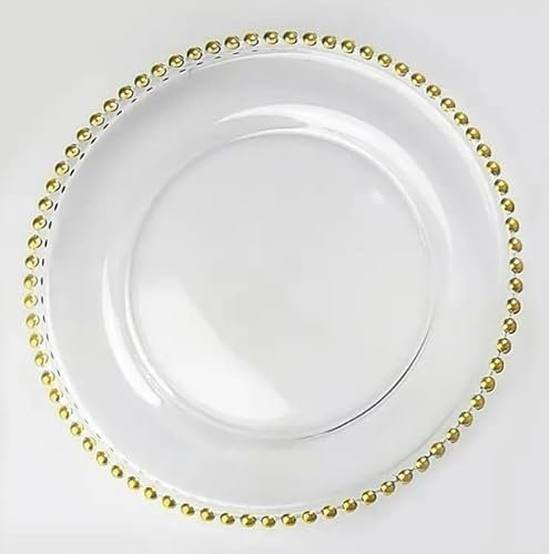 Set di 4 piatti decorativi in vetro trasparente, 35 cm, con bordo dorato