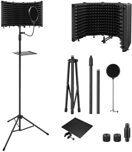 Moukey Microphone Isolation Shield with Pop Filter & Tripod Stand, Foldable Mic Shield with Triple Sound Insulation, High Density Mic Sound Shield for Recording Studio, Podcasts, Singing, Broadcasting
