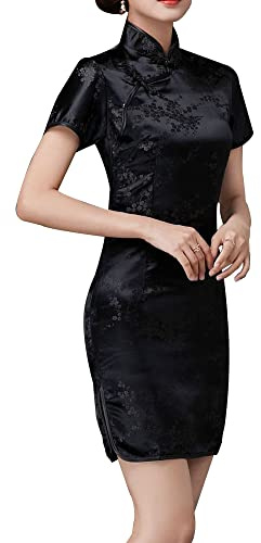 Cheongsam Dress for Women Qipao Slim Fit Short Sleeve Bodycon Mandarin Collar Side Slit Chinese Floral Print Dragon Dress (as1, Alpha, xs, Regular, Regular, Black Flower)