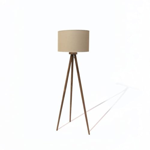 Arthur Cameron - Pill Tripod Floor Lamp, Handmade in India from Mango Wood with a Beige Linen Drum Shade, Rustic Design for Any Home Décor