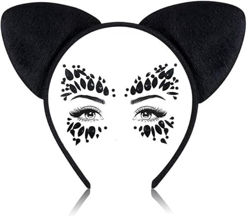 2pcs Katzenohren Haarreif,Cat Ears Headband,Katzen Haarreif Karneval+Glitzersteine Gesicht,Karneval Party Zubehör Katzen Kostüm für Karneval,Karneval Party Kopfschmuck für Damen,Mädchen (Style 1)