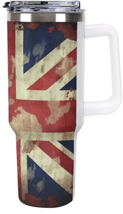 NWTRJ Vintage Union Jack British Flag 40 Oz Tumbler Stainless Steel Insulated Coffee Cup Leakproof Travel Mug with Handle And Straw Lid Water Bottle, Car Cup Holder Friendly,Gifts for Women Men