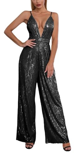 Jumpsuit Damen elegant rot, Pailletten Jumpsuit Damen Elegant Playsuit Romper Langarm Festlich Einteiler Overall Hosenanzug Glitzer Lang Party Sexy Hohe Taille Jumpsuits Clubwear