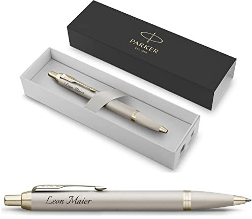 PARKER IM Monochrome Kugelschreiber mit Gravur | Premium Stift | Geschenkbox | blaue Tinte | personalisiertes Geschenk | Namen | graviert | Jahrestag | Geburtstag | Geschenkidee (Champagne)