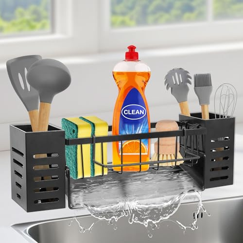 Sink Caddy Tidy Kitchen Organiser - Sink Drainer Rack Black Sponge Holder with 2 Plastic Storage Basket - Auto Draining Organizer Washing Up Soap Drying Tray Stainless for Kitchen Bathroom Countertop