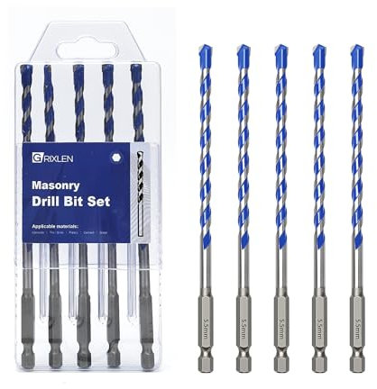 GRIXLEN 5 Pack 1/5 inch (5.5mm) Concrete Drill Bit Set, Masonry Drill Bit Set with Hex Shank, Carbide Tip Drill Bits for Concrete, Tile, Brick, Plastic, Cement