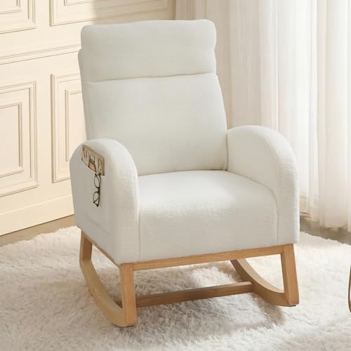 DEKKETO Teddy Nursing Rocking Chair for Nursery with Side Pocket, Ivory