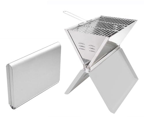 Holzkohlegrills Grill, Edelstahl Klappbarer BBQ Portable, Tischgrill Campinggrill Picknickgrill, für Camping, Picknick, Gartenkochen und Terrasse (31x39cm)