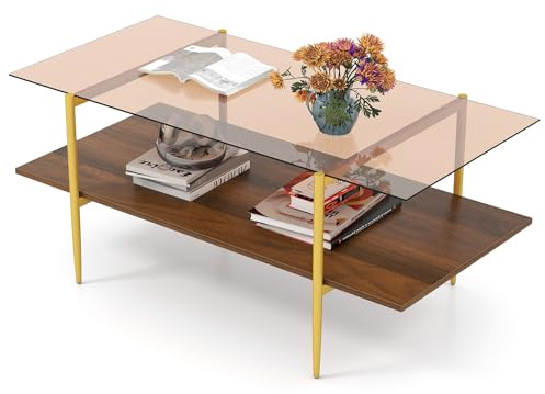 COSTWAY 2-Tier Coffee Table, Tempered Glass Cocktail Center Table with Open Storage Shelf, Metal Frame Rectangle Accent Sofa Side Snack Tea Tables for Living Room, Bedroom and Office, 104x53x44cm