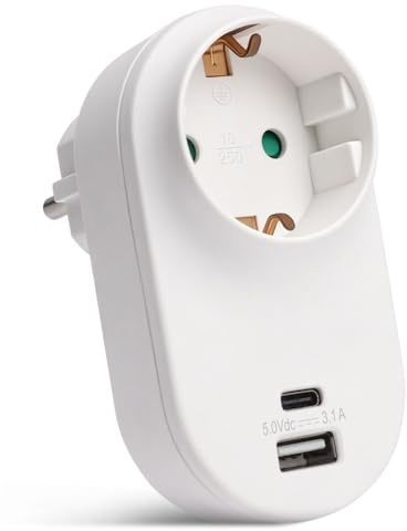 EXTRASTAR 3-in-1 Steckdosenadapter, 1 Schuko+ 1 USB-C+ 1 USB-A, 5V/3,1A | EU Stecker Adapter mit Kindersicherung für Büro, Reise und Haushalt, Weiß (1 Stück)