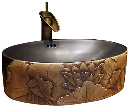 KOHUS Lavandino del Bagno Lavandino da Bagno Lavabo da appoggio Vintage Art Lavabo Ovale in Ceramica Lavabo da toeletta con Rubinetto Lavandino da Appoggio per Il Bagno