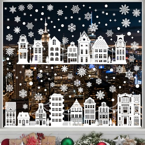Inreeme Fensterbilder Weihnachten Fensterdeko Selbstklebend 9 Bögen | Statische Fenstersticker Weihnachten mit Schneeflocken und Häuser, Wiederverwendbare Fensteraufkleber Weihnachtsdeko Fenster