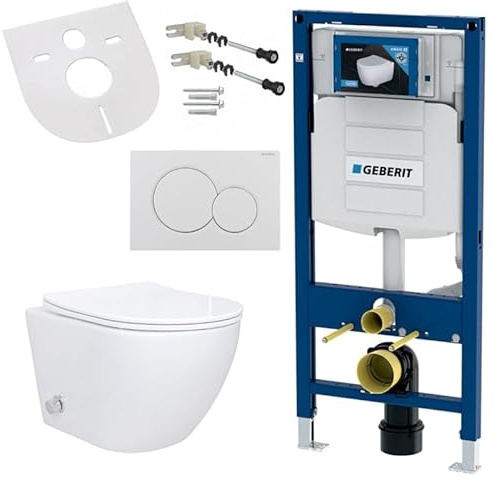 Belvit Set completo per WC sospeso con funzione bidet, WC da parete bianco con taharet e UP320 elemento di preparete, in ceramica senza bordi e sedile WC con chiusura morbida e piastra a pressione