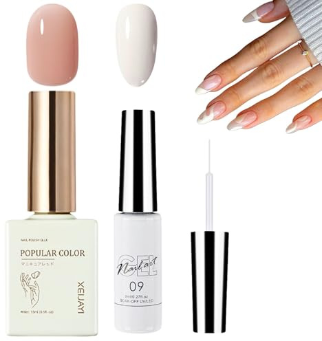 2Pcs French Manicure Gel Nail Polish Kit,Jelly Nude Gel Varnish with White Gel Liner Polish Set Painted French Tips Nails Art Design,Soak Off UV/LED for Women DIY Manicure at Home