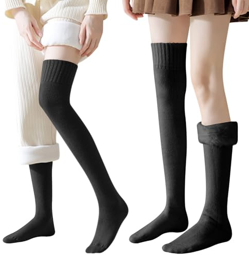 Mayoii 2 pares de calcetines altos con forro polar extra largos – Calcetines de algodón grueso cálido por encima de la rodilla, calcetines negros hasta la rodilla para mujer, medias antibolitas para