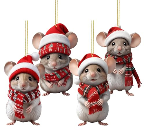 4PCS Weihnachtsmäuse Deko – Acryl Weihnachtsschmuck, Weihnachten Acryl Tier Decor, Lustiger Weihnachtsbaumschmuck – Langlebig, Leicht & Einfach Aufzuhängen, Für Christbaum, Zuhause & Auto (A)