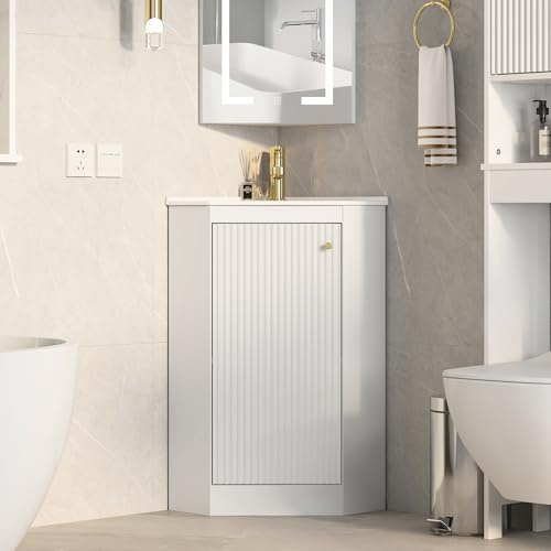 24 Corner Bathroom Vanity Sink Combo for Small Space, Freestanding Compact Space Bathroom Storage Cabinet with White Ceramic Sink, Wall Mounted Modern Vanity,White