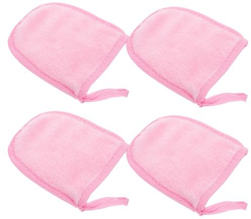 LOORGVEL 4pcs Makeup Removal Puff Face Cleaning Gloves Pink Fiber Washable Simple Design Practical Cosmetic Accessories for Daily Skincare