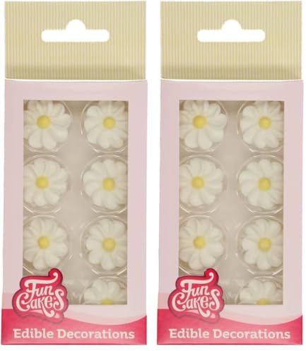 FunCakes Zucker Dekorationen Weiße Gänseblümchen: Gebrauchsfertig für Tortendekoration, Perfekt für Cupcakes, Muffins und mehr, Edible Decorations Daisies - Set/16 (Packung mit 2)
