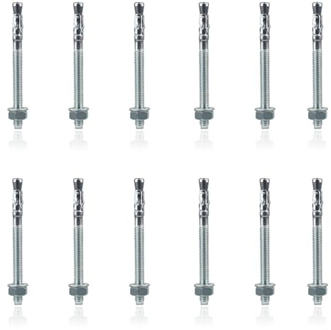 12 Pcs Bulloni di Espansione M10 x 100 mm, Ancoraggi a Cuneo Zincati, Bulloni a Vite di Espansione Esagonale, Tassello Passante, Tasselli per Cemento Armato per Cemento Armato, Calcestruzzo e Pietra