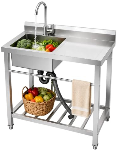 Mqwdxzfes Einzelbecken Edelstahl Spültisch, Freistehende Küchenspüle mit Arbeitsplatte & Unterschrank, Gewerbe Spültisch, Arbeitstisch Waschbecken, Gastrospüle Spülbecken (80x55x84cm, Links)