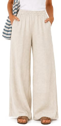 Zylioo Pantalon Palazzo en lin pour femme avec poches, coupe longue et jambes larges, décontracté, plage, voyage