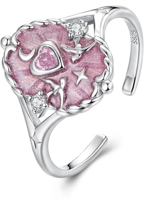 ZUOHUI S925 Sterling Silver justerbar kronring for kvinnor, stapelbar ring med öppen ände, tarotinspirerade smycken med antik finish for dagligt bruk, present till henne(Rosa)