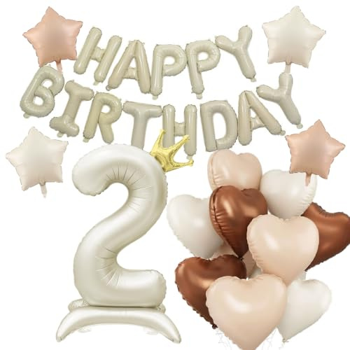 Cremefarbenes Folienballon-Set, 3D-Banner, Happy Birthday, Ballon Zahl 2, Luftballons aus Sternen und Herzen, Dekoration für 2 Jahre, Taufe und Fotohintergrund