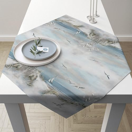 Ambiente Tischdecke Baumwolle 90x90cm mit Möwen und Küsten Motiv - bedrucktes Tischtuch - Partytischdecke - Mitteldecke - Maritime Tischdeko - Pflegeleichte Stofftischdecke für den Tisch Grau Blau