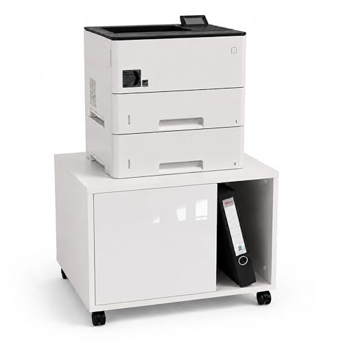 SIMPLYFURN Druckerschrank Amira Weiß Hochglanz Front, Druckerkommode mit Rollen, 58x52x44 cm, Push-to-Open Tür, extra tief und geschlossen