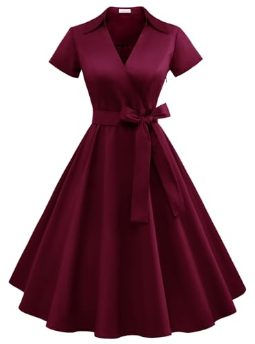 Timormode Schönes Kleid für Damen A-Line Swing Cocktail Festlich Midilang Rockabilly Kleid Burgundy M