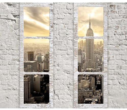 decomonkey Fototapete selbstklebend New York 294x210 cm XL Selbstklebende Tapeten Wand Fototapeten Tapete Wandtapete klebend Klebefolie Skyline Stadt Ziegel Muster Ziegelmauer Fenster