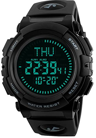 FeiWen Herren Outdoor Digitale Kompass Uhren Plastik Schale mit Kautschuk Band Sport Militär 50M Wasserdicht Armbanduhren Multifunktional LED Licht Stoppuhr 3 Alarm Countdown, Schwarz