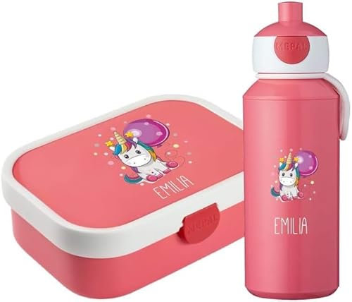 4youDesign Set: pinke Brotdose und Trinkflasche für Kinder -EINHORN- personalisiert mit Namen – inkl. Bento Box, Gabel & Pop-Up Flasche, Einschulung, Schule (Cool Pink)