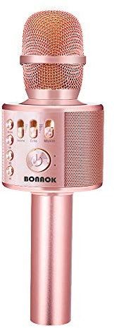 BONAOK Micrófono Inalámbrico de Karaoke Bluetooth, 3-en-1 Portátil Karaoke Portátil Mic Regalo de Altavoces para Ffiestas en el Hogar para iPhone/Android iPad PC Smartphone (Oro Rosa Plus)