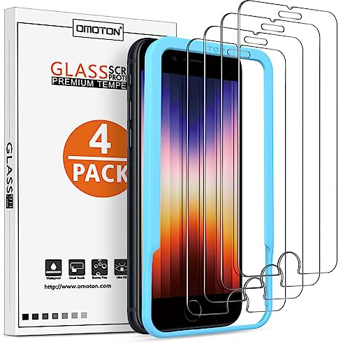 OMOTON [4 Stück] Glasfolie Kompatibel mit iPhone SE 2022/iPhone SE 2020/ iPhone 8/7/6/6s, iPhone SE 3 Schutzfolie mit Positionierhilfe,[9H Härte], [Anti-Kratzen], [Anti-Öl], [Anti-Bläschen